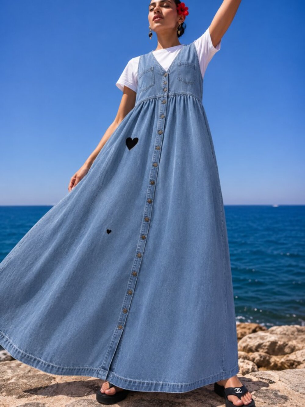 Denim Maxi Sundress 100% Cotton Button Front Cottagecore Resortewear Oversized